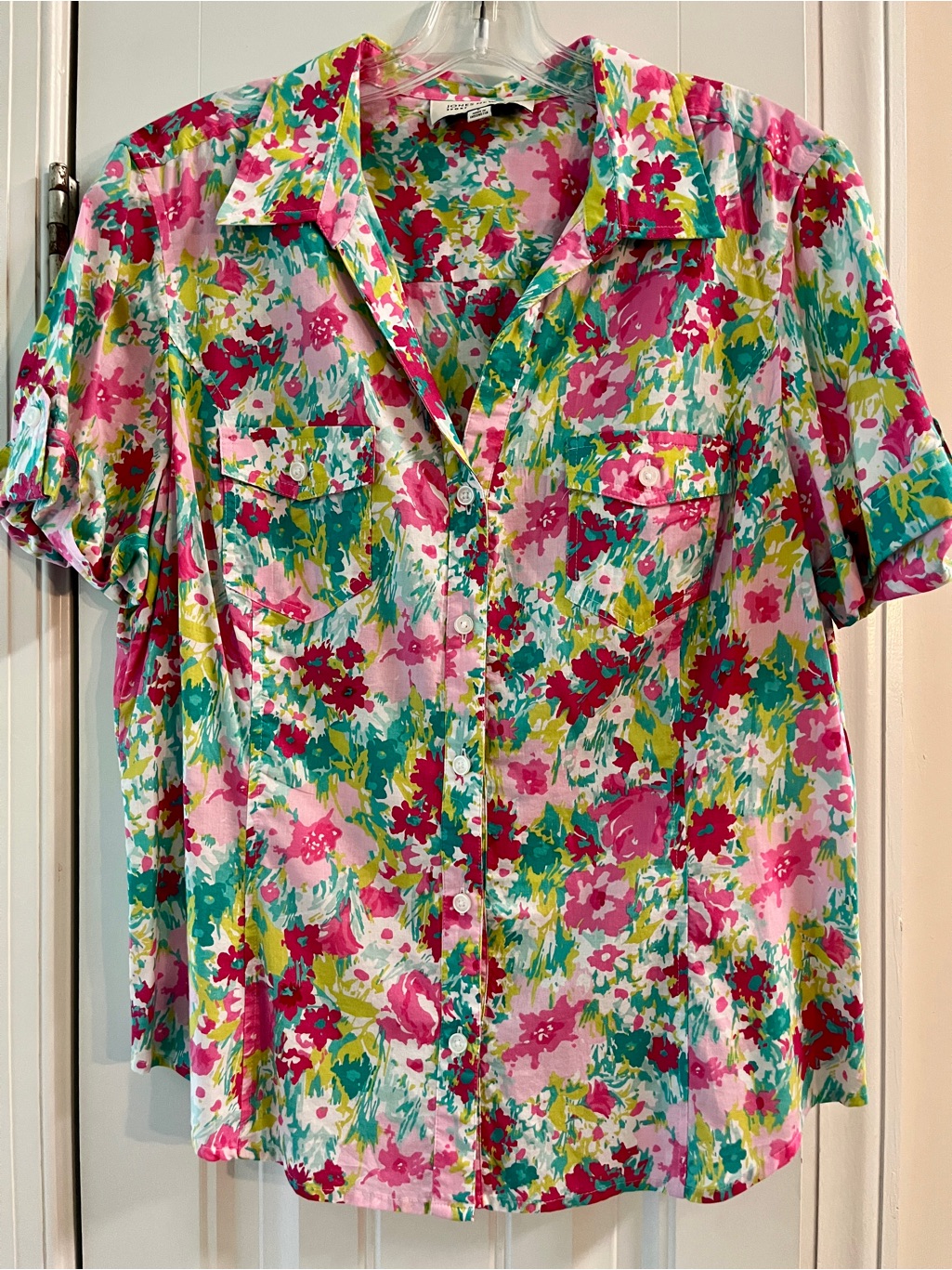 Jones New York Sport Short Sleeve Button Up Colorful, Excel Pre Worn L Cotton